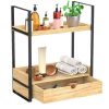 Solid Wood Two-Layer Desktop Storage Rack with Drawer for Kitchen Coffee Table Book Collection or Tools Double Tiers